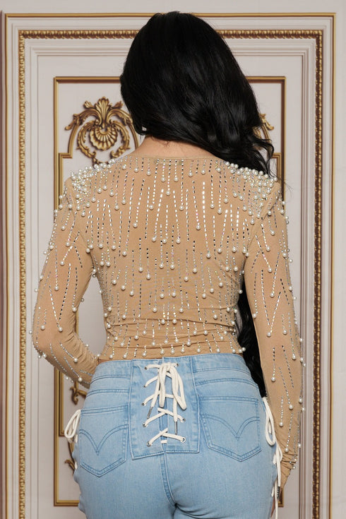 BANJUL RHINESTONE/PEARL STUD LONG SLEEVE CROP TOP - NUDE - SohoGirl.com